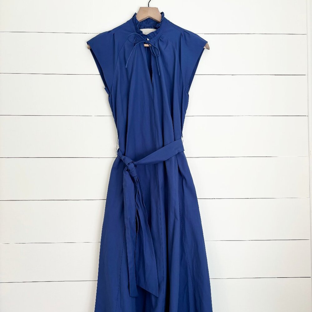 Brochu Walker cobalt blue dress with ruffle neck and tie waist
